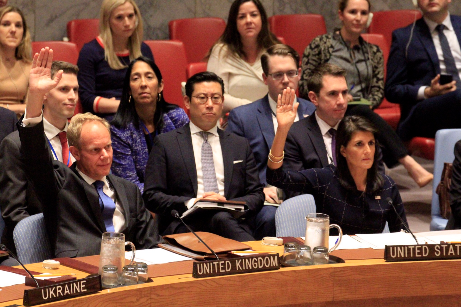 UK ambassador to the UN Matthew Rycroft and US ambassador to the UN Nikki Haley appear in a Security Council meeting on Wednesday. Photo: Twitter / Matthew Rycroft