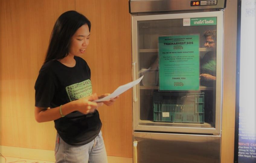 ThaiHarvest-SOS staff member at the “opening” of the new community fridge at River City today. 