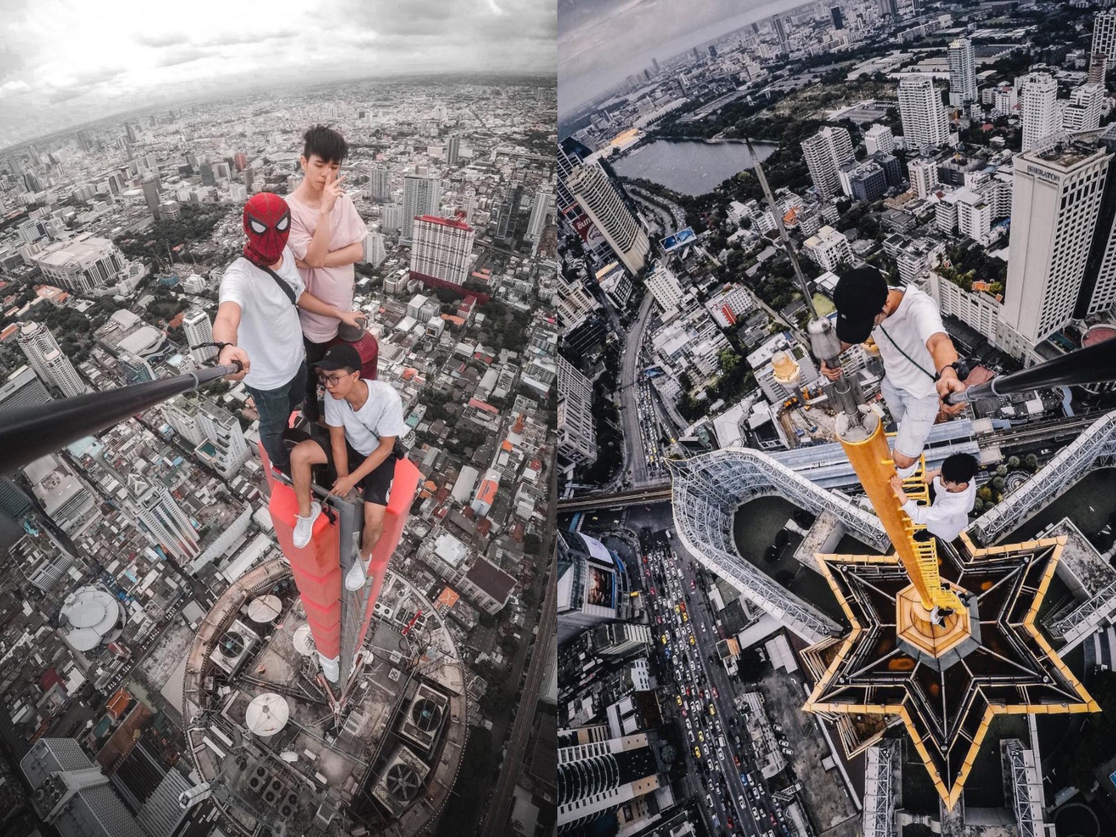 Samuel Chan from Hong Kong with two others on top of Baiyoke Tower II and Terminal 21 shopping mall. PHOTOS: Instagram/2.25c (Samuel Chan)