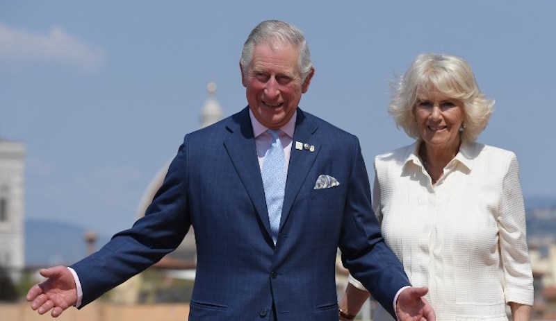 Britain’s Prince Charles, Prince of Wales, and the Duchess of Cornwall, Camilla, pose on the terrace of the Palazzo Pitti on April 3, 2017 in downtown Florence, Italy. Photo: Tiziana Fabi/AFP