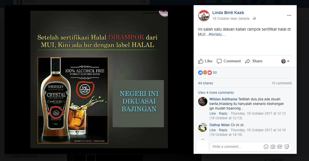 The text in the Facebook photo says “After halal certification was robbed from MUI, now there is a beer labeled halal (yes, apparently the person who made it doesn’t know the difference between whiskey and beer). This country is controlled by despicable people.”