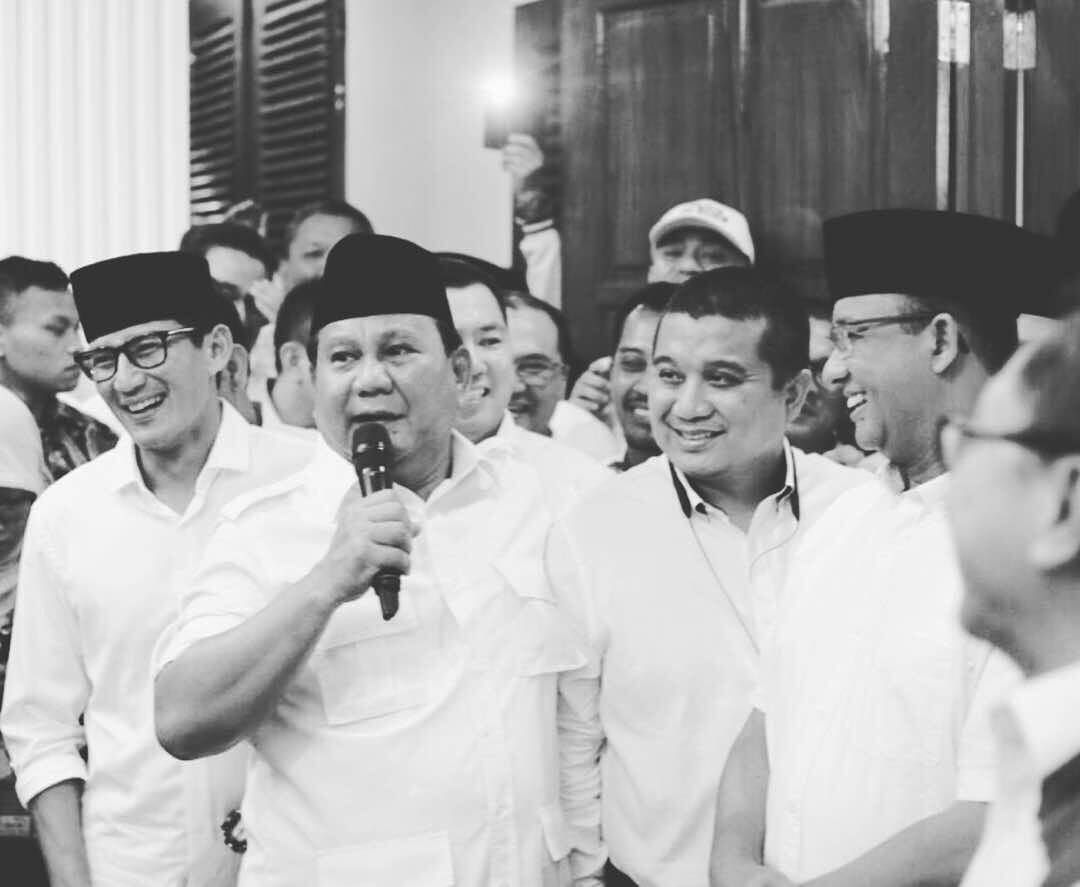 Prabowo Subianto speaking at victory celebration for Jakarta Governor-elect Anies Baswedan in April. Photo: @Prabowo / Instagram 