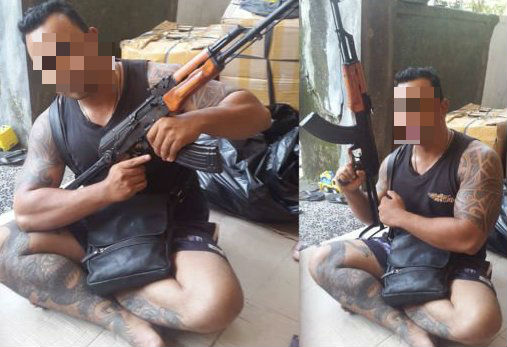 Police found the Balinese man posing with in these viral photos had quite the blade collection. 