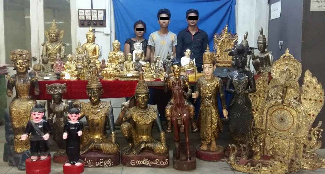 A trio busted with 60 stolen pagoda statues on November 23, 2017. Photo: Facebook / Yangon Police