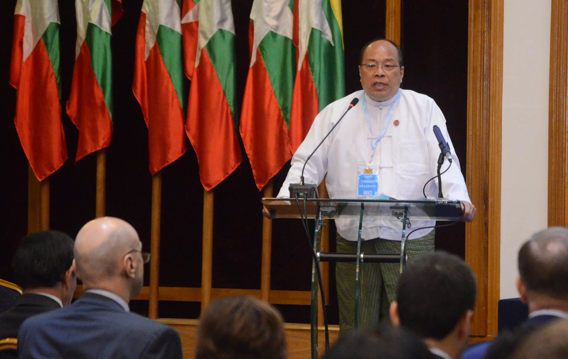 National Security Advisor Thaung Tun speaks at the National Reconciliation and Peace Centre in Yangon in July 2017. Photo: MOI