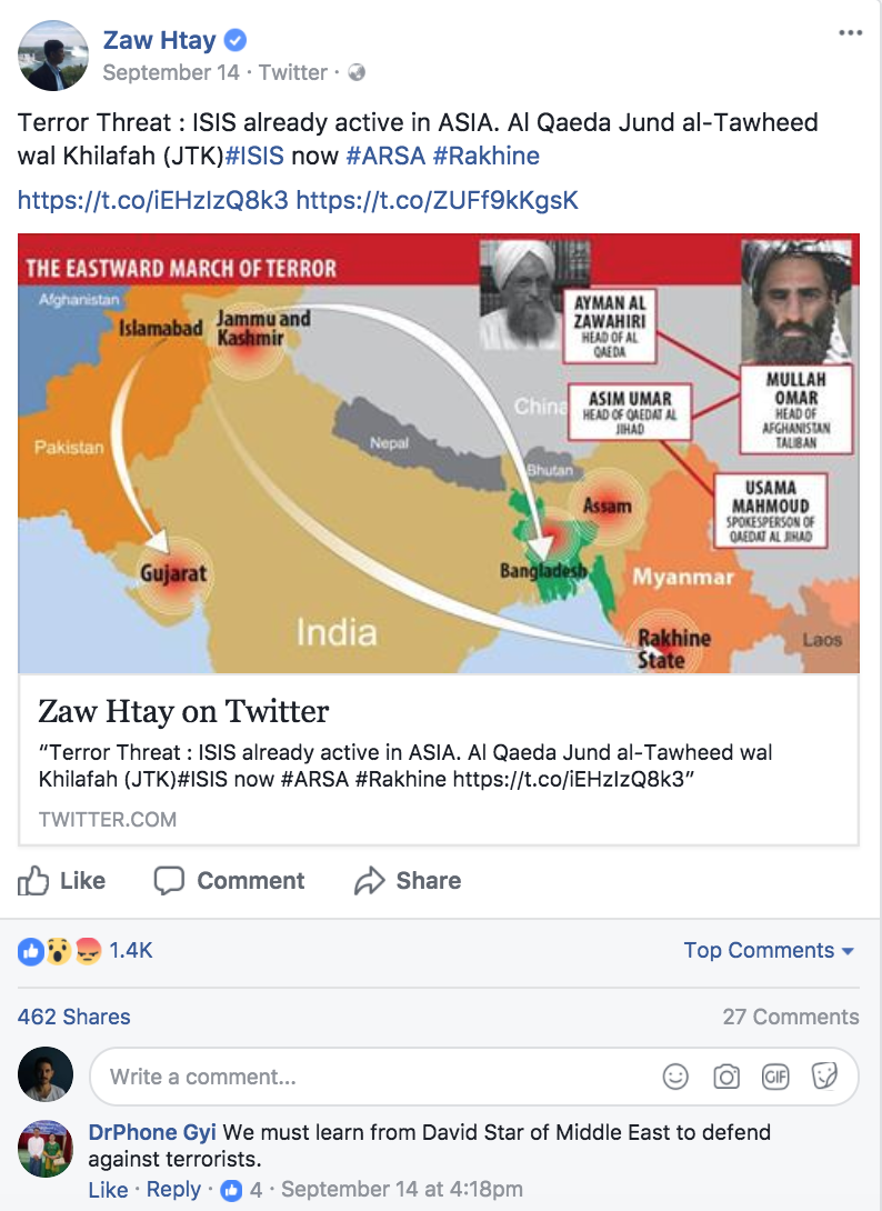 Facebook post by Myanmar government spokesman Zaw Htay