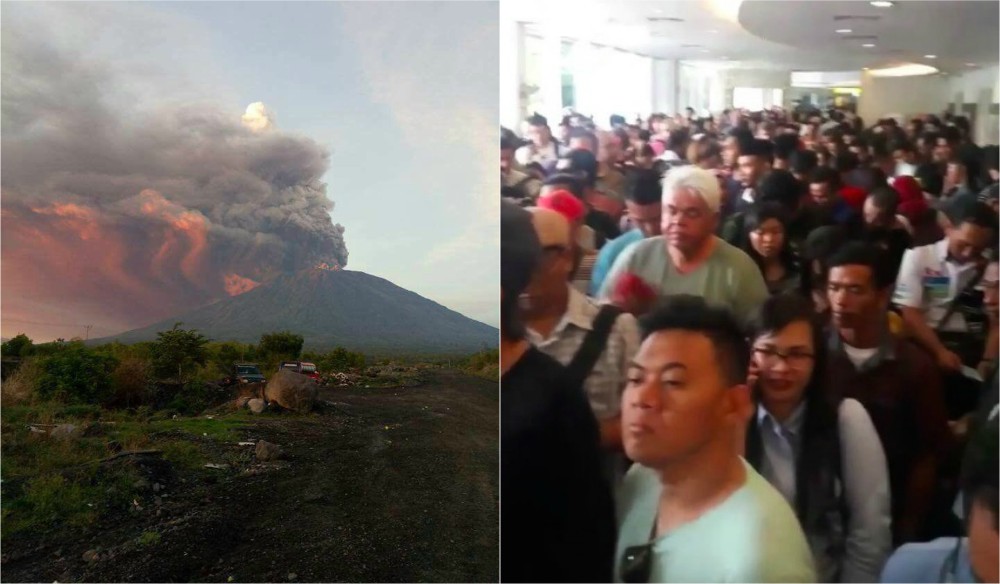 Left: Agung erupting, as seen on Nov. 26, 2017. Photo: BNPB. Right: Crowds amass at Bali’s airport amidst a shutdown. Photo via Info Denpasar. 