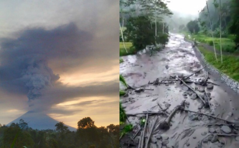Left: Mount Agung spewing ash, as seen on Nov. 27, 2017. Photo: MAGMA Indonesia. Right: Lahar flows from Agung on Nov. 27, 2017. Photo via BNPB