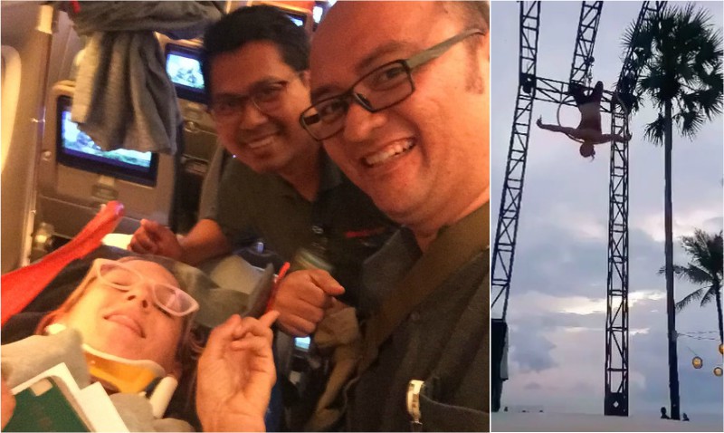 Left: A photo of Sam Panda on the medevac plane to Taiwan. Right: A still taken from the acrobat’s fateful performance, right before the rig fails. 
