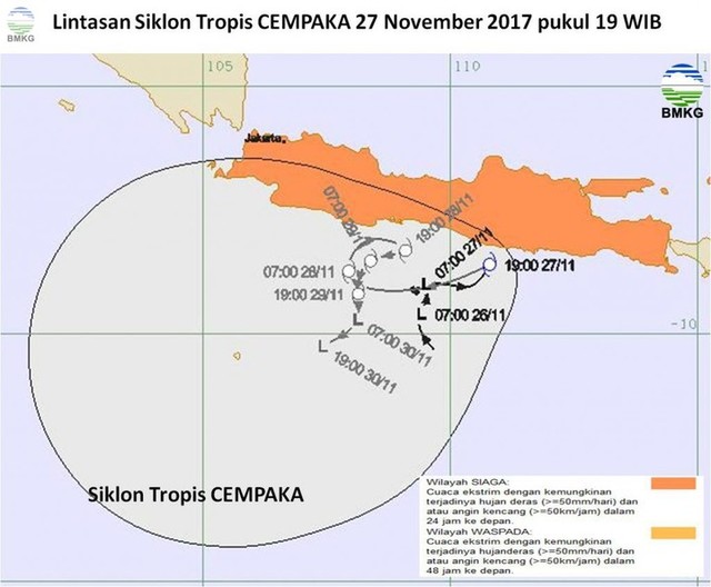 Handout from Indonesia’s Meteorological, Climatological, and Geophysical Agency (BMKG) showing the trajectory of tropical cyclone Cempaka.