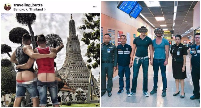 Photo from the now-deleted Instagram account, left. The men being arrested at the airport, right. Photo: Bangkok Immigration Police.