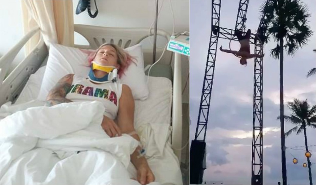 Left: Sam Panda lies in a hospital bed in Bali (GoFundMe). Right: The aerial acrobat performs a stunt in Canggu, moments before her equipment fails (still from Vimeo).