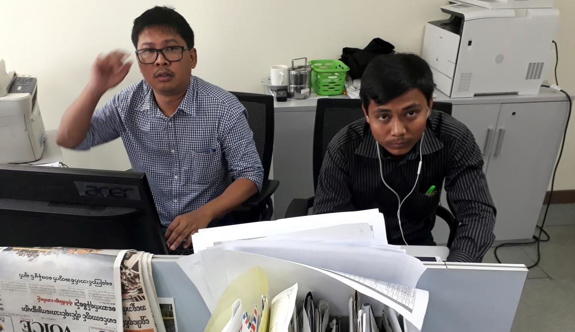 Reuters journalists Wa Lone (L) and Kyaw Soe Oo at the Reuters office in Yangon on Dec. 11. Photo: Antoni Slodkowski / Reuters