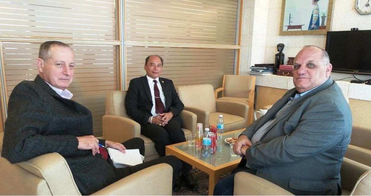 Ambassador Maung Maung Lynn meets Israeli foreign ministry officials Michael Ronen and Yaron Mayer in Jerusalem on November 22, 2017. Photo: Myanmar Embassy in Israel