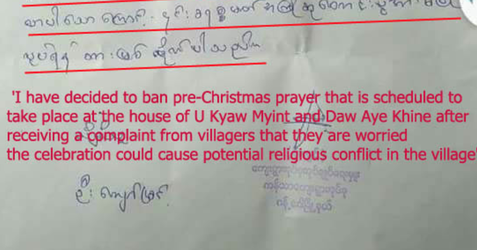 A letter issued on Dec. 9, 2017, prohibiting villagers from holding a pre-Christmas prayer. Photo: GS Mang / M-Media