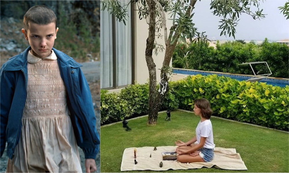 A ‘before and after’ of traveling to Bali. Left: Brown as Eleven in Stranger Things. Right: Brown gets zen AF in Bali.