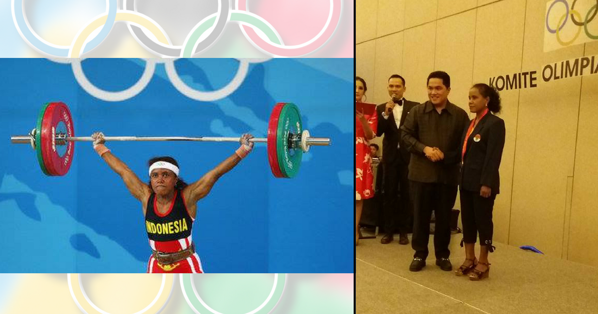 L: Raema Lisa Rumbewas competing at the 2008 Olympics; R: Lisa being retroactively awarded the bronze medal for her performance at the 2008 Olympics at a ceremony in Jakarta on December 3, 2017. 