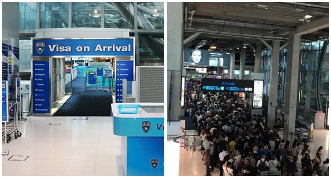 Expectation vs. reality? The visa on arrival area, left, and a viral picture of what happens when immigration gets overwhelmed, right. Photos: Thai Embassy, left, and ChangTrixGet/ Facebook, right.