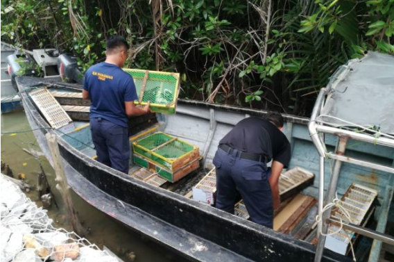 Boat and cages used by smugglers via Malaysian Maritime Enforcement Agency