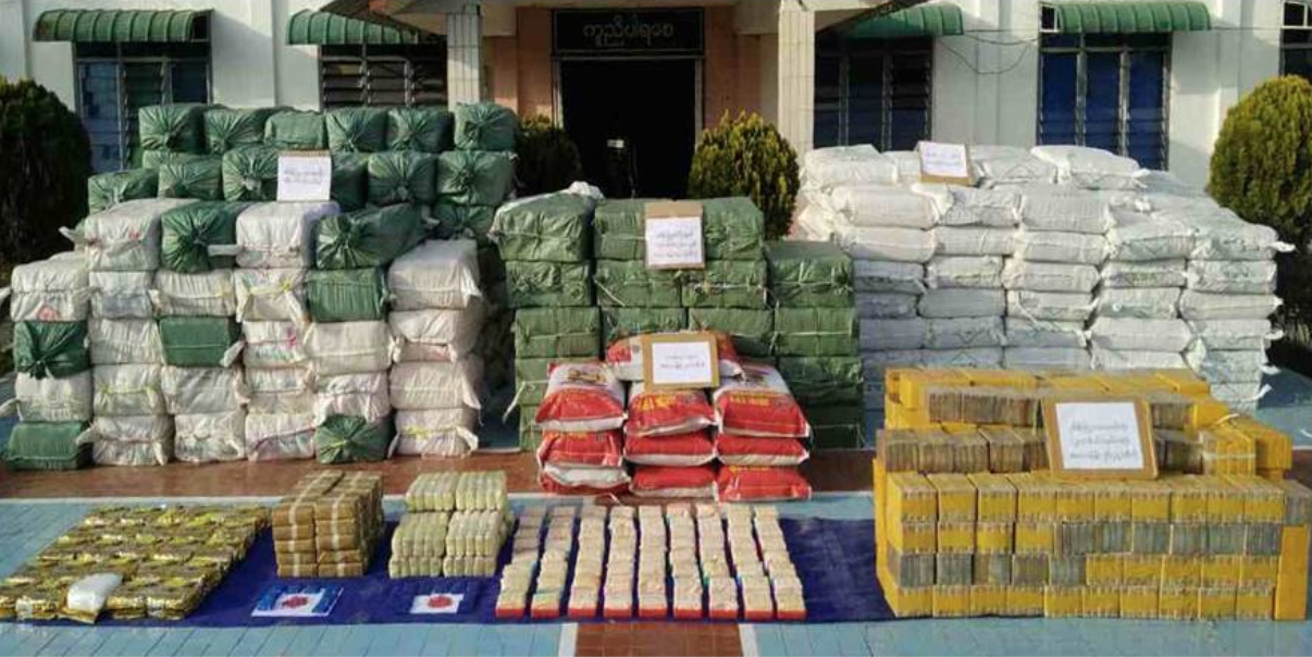 Yaba, “ice”, and heroin confiscated by Myanmar police in a record drug bust in Kutkai, Shan State, on Jan. 18, 2018.