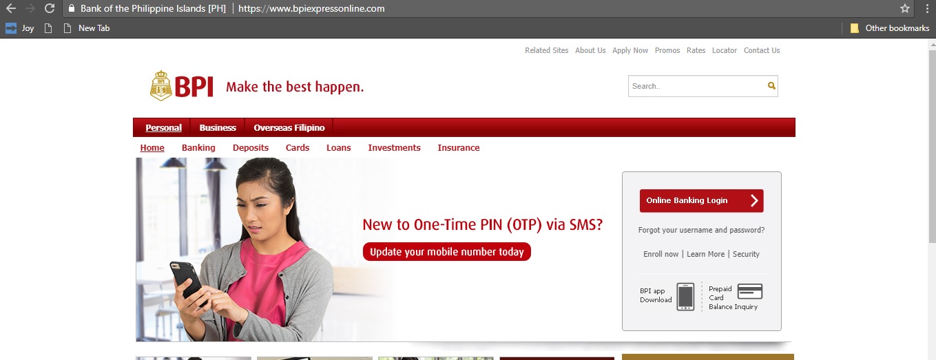 Screengrab of real BPI online banking URL 