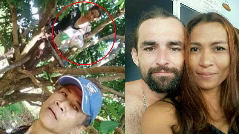 Left: Rujira Iam-lamai, 38, was found hiding in a longan tree at the border between Kamphaeng Phet and Tak provinces. Screengrab: Manager Online. Right: A file photo of Rujira and her French boyfriend Amaury Rigaud, 34. Photo: Facebook