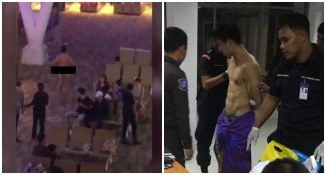 Cho running naked through the airport, left, and being apprehended by police, right. Photos: Phuket Airport CCTV and The Phuket News.
