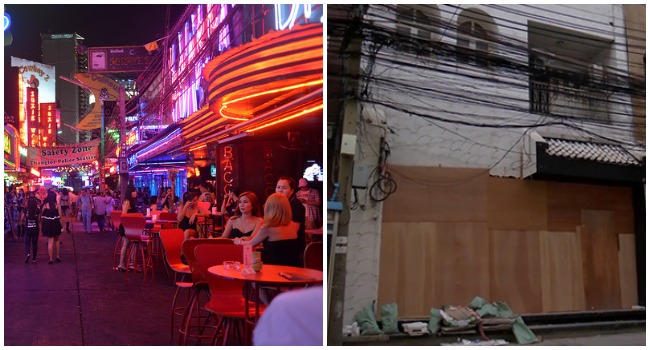 Soi Cowboy, left, and the building where she was found, right. Photos: Paul Sullivan/Flickr and screenshot from Amarin TV

