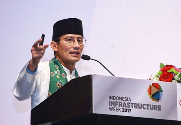 Sandiaga Uno, while still vice governor of Jakarta, speaking at Indonesia Infrastructure Week on November 7, 2017. Photo: @sandiuno / Instagram
