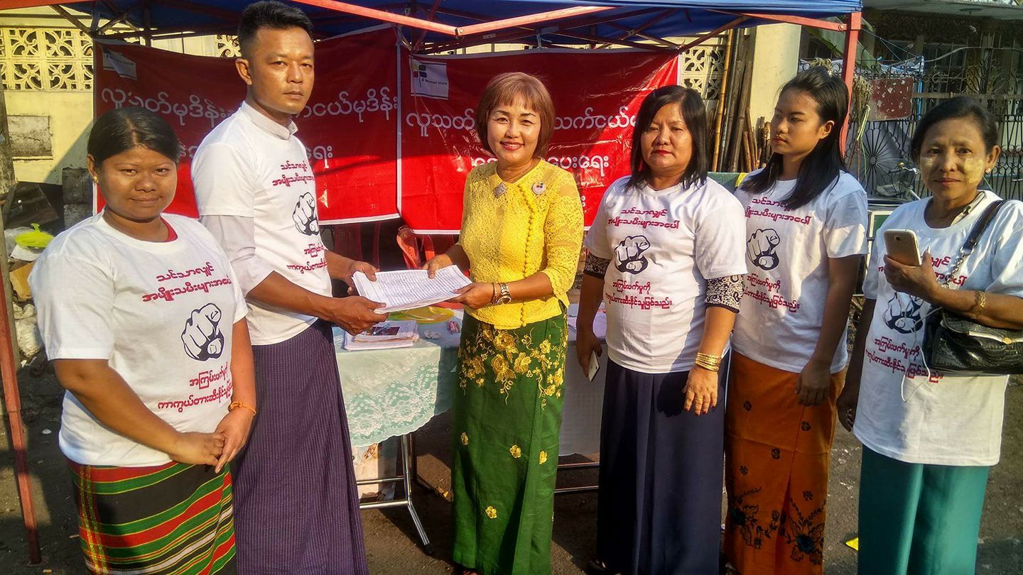 Members of 4 Women’s Voice collect signatures for a petition to enact the death penalty for rapists in Yangon on Feb. 20, 2018. Photo: Lily Naing Kyaw