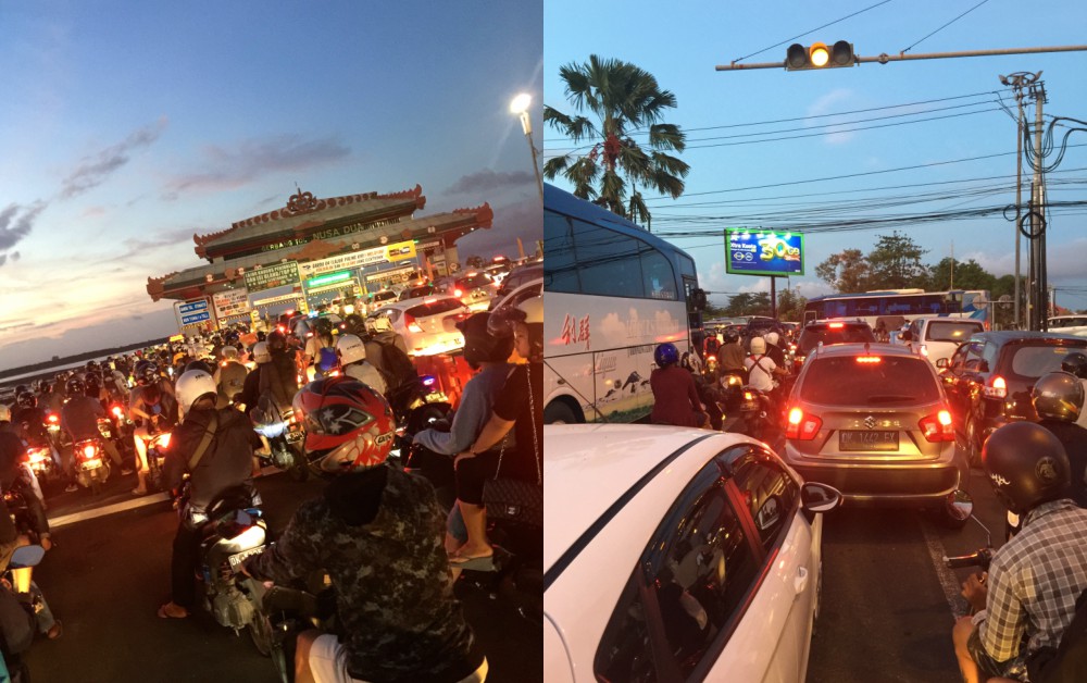 Traffic on Feb. 19, 2018. Left: Even the toll has had a crazy lineup during CNY holiday traffic. Right: Things were backed up all the way from the airport roundabout to the Udayana intersection. Best go right to the toll! Photos: Coconuts Bali