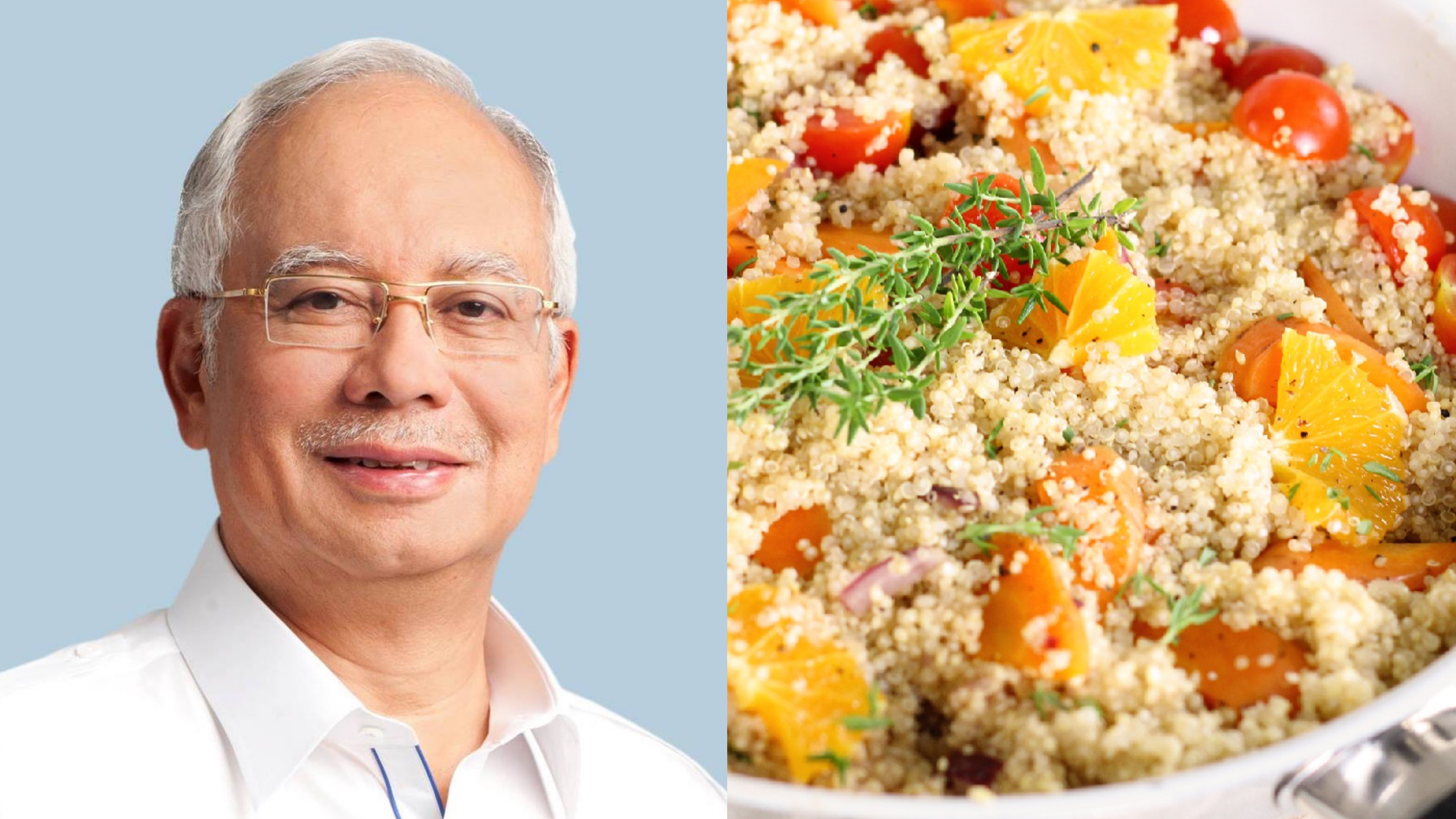 Malaysian Prime Minister Najib Razak and a bowl of quinoa with vegetables. PHOTOS: Facebook/Najib Razak | Pixabay