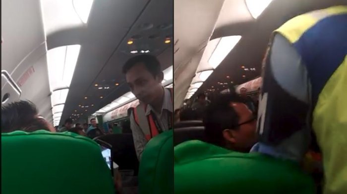 Aviation security officers removing a passenger from a Bali-bound Citilink flight in Jakarta after he allegedly smoked on the tarmac while the plane was refueling. Photo: Facebook/Manuel Buchacher