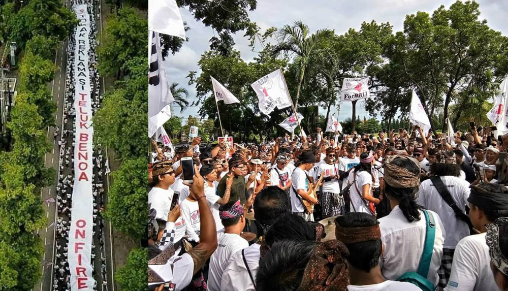 Thousands of protesters gather in Denpasar on Feb. 17, 2018, demonstrating against the reclamation of Benoa Bay. Photos: Wayan “Gendo” Suardana/Facebook