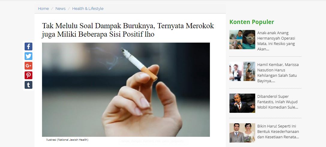 Screencap: TribunJualBeli, headline reads: “Not Just Bad Effects, It Turns Out Smoking Also Has Some Positive Sides”
 (http://blog.tribunjualbeli.com/9740/tak-melulu-soal-dampak-buruknya-ternyata-merokok-juga-miliki-beberapa-sisi-positif-lho)