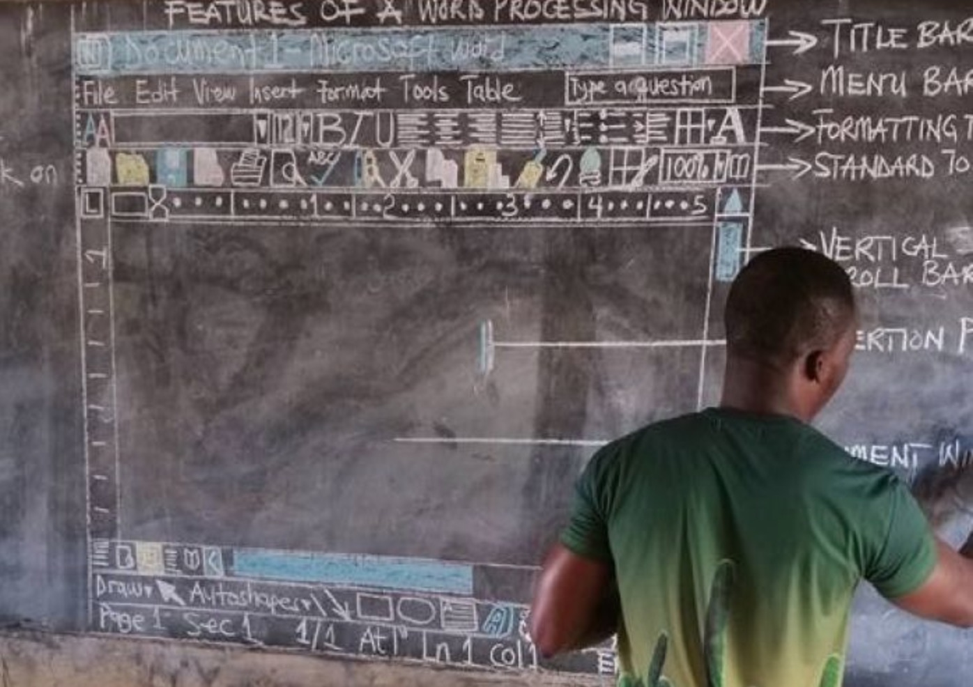 Ghanaian teacher Richard Appiah Akoto teaches his students how to use Microsoft Word by drawing the entire screen on a blackboard. PHOTO: Facebook/Owura Kwadwo Hottish