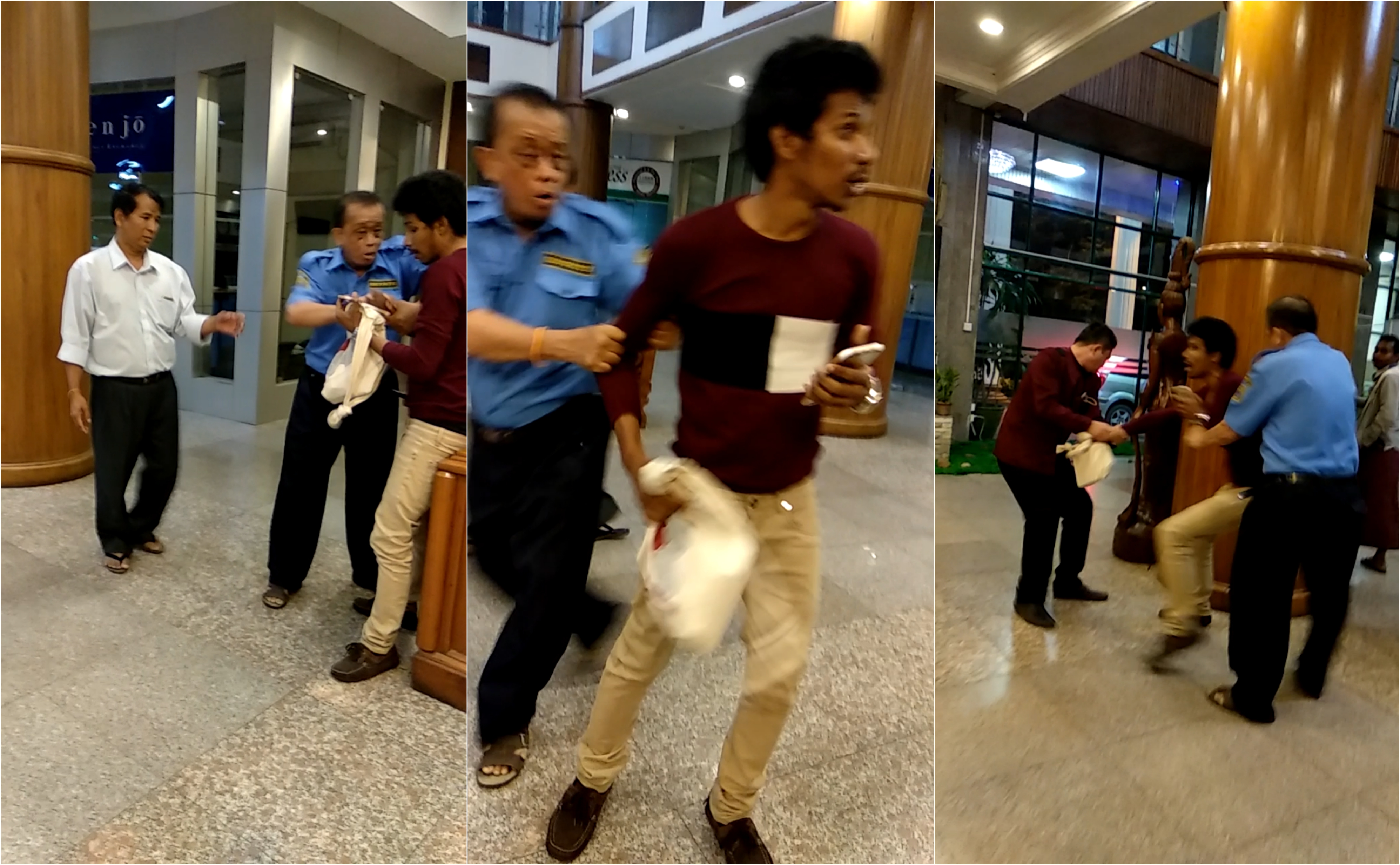 Stills from a bystander’s video showing hotel security staff removing Than Toe Aung from the Asia Plaza Hotel.