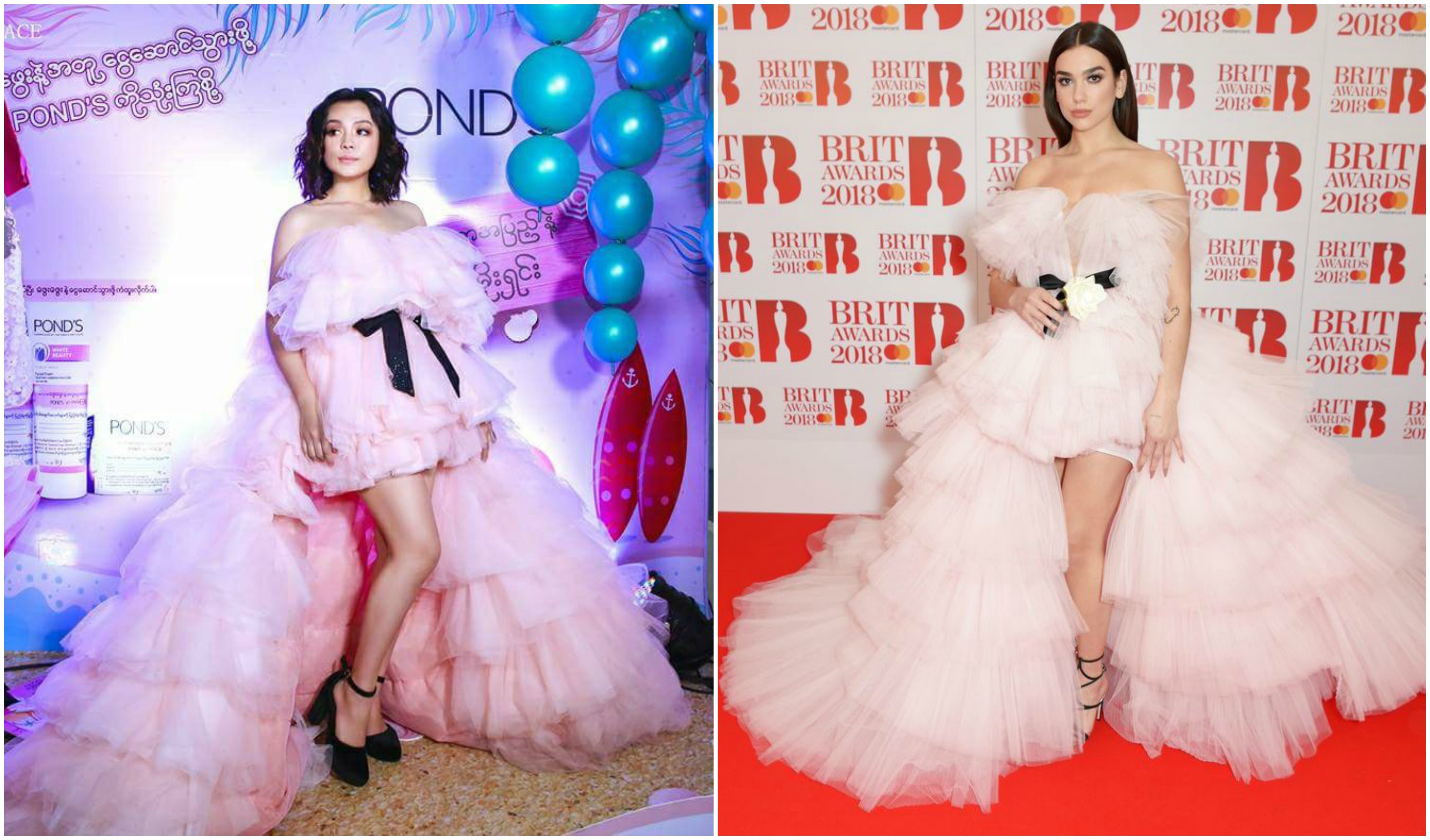 (L) Myanmar actress Phway Phway at the POND’S Summer Promotional Event in Yangon on March 1, 2018. (R) British singer Dua Lipa at the 2018 Brit Awards in London on Feb. 21, 2018.