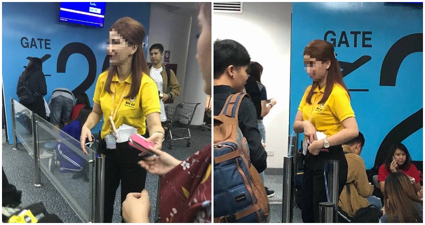 Censored photos of a Nok Air worker accused on social media of pocketing a baggage fee. Photos: Bernadette Yeo/Facebook.