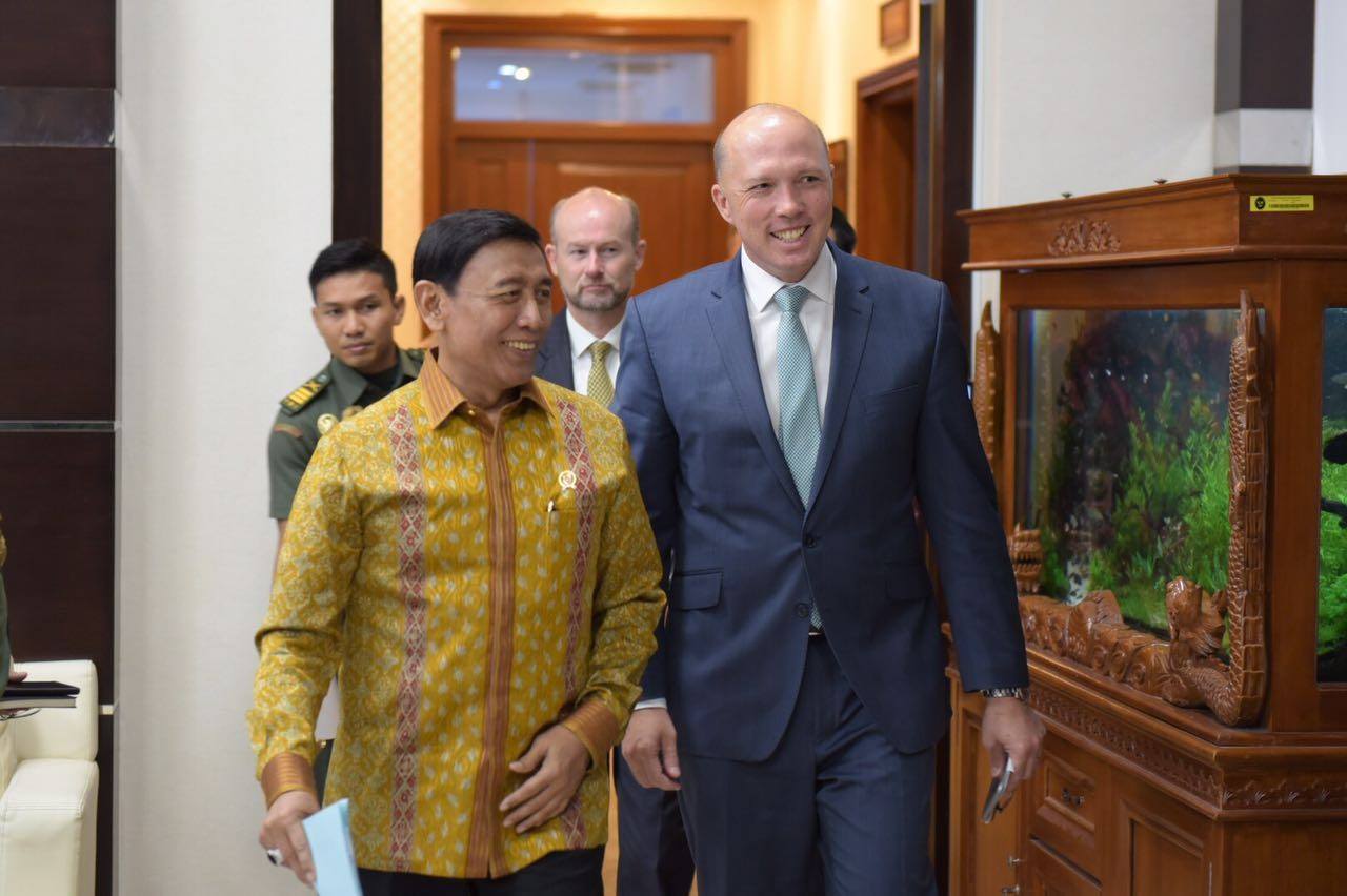 Australia’s Home Affairs Minister Peter Dutton with Indonesia’s Coordinating Minister for Political, Legal and Security Affairs Ret. Gen. Wiranto during Dutton’s visit on March 5, 2018. PHOTO: Facebook/Peter Dutton