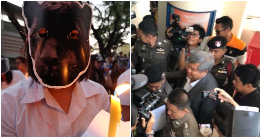 A Bangkok student protests to draw attention to the Premchai case (left), the CEO leaves court last week (right). 