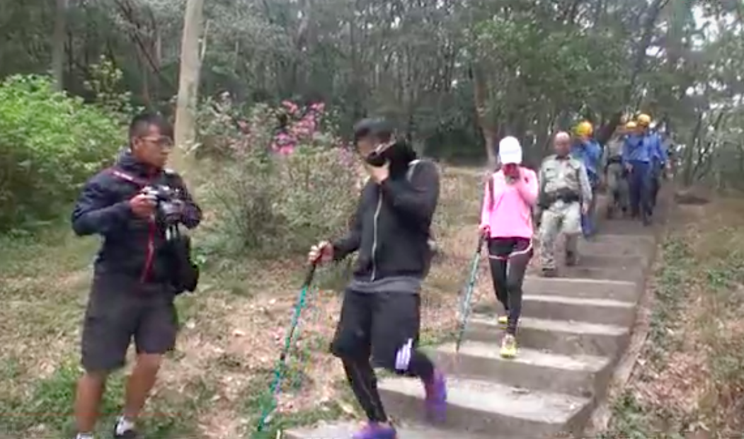 The couple, surnamed Lee, were escorted down the mountain by emergency services and reporters after the reported tiger sighting. Screengrab via Apple Daily video.