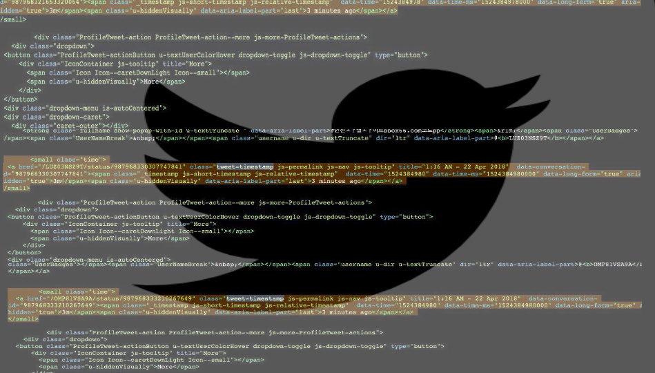 Timestamps revealing automation in three bot-like Twitter accounts’ source code.