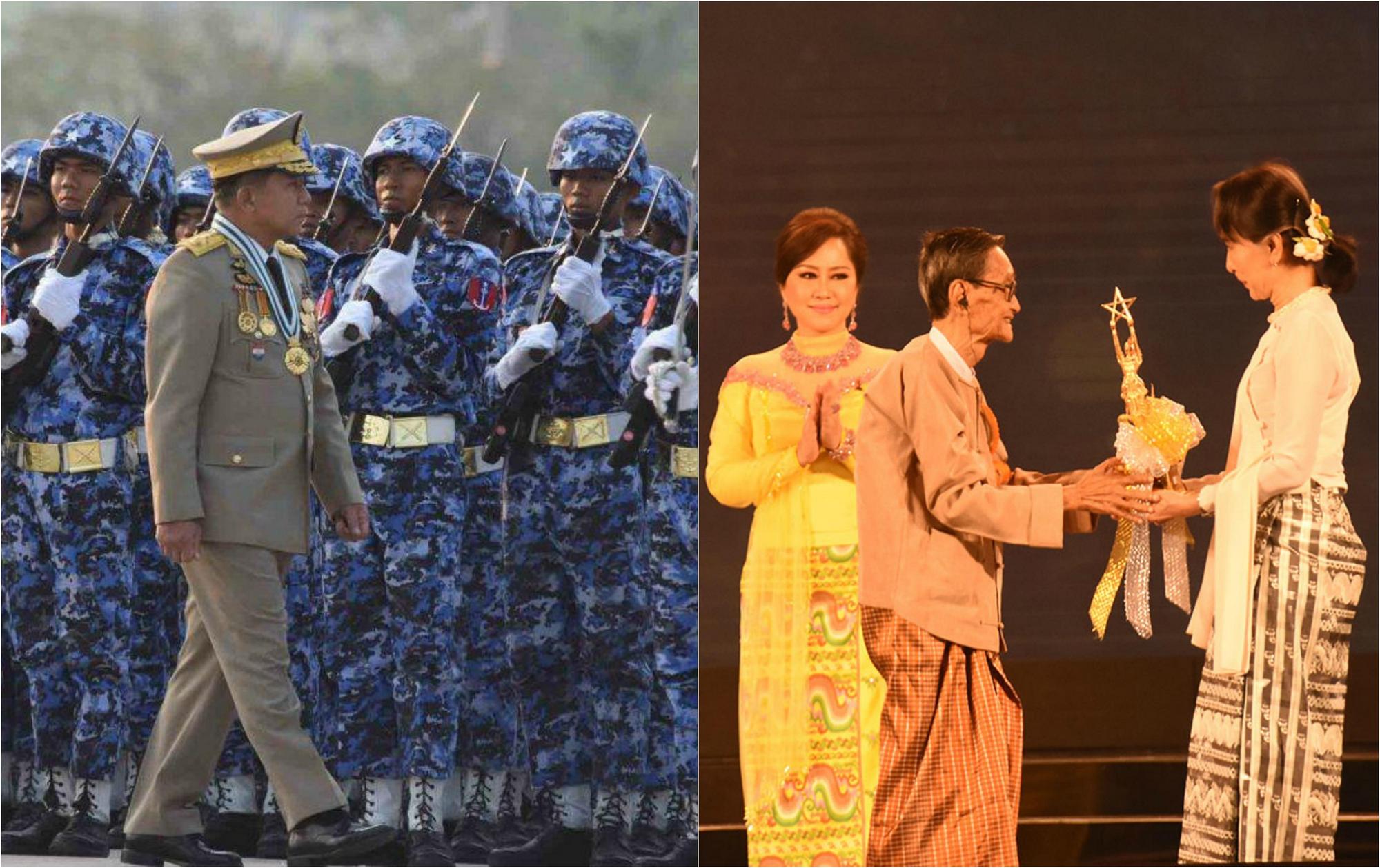 (L) Commander-in-Chief Min Aung Hlaing appears at an Armed Forces’ Day parade in Naypyidaw on March 27, 2018. (R) State Counsellor Aung San Suu Kyi presents an a lifetime achievement award to Sithu Bogale Tint Aung at the Myanmar Academy Awards on March 23, 2018. 