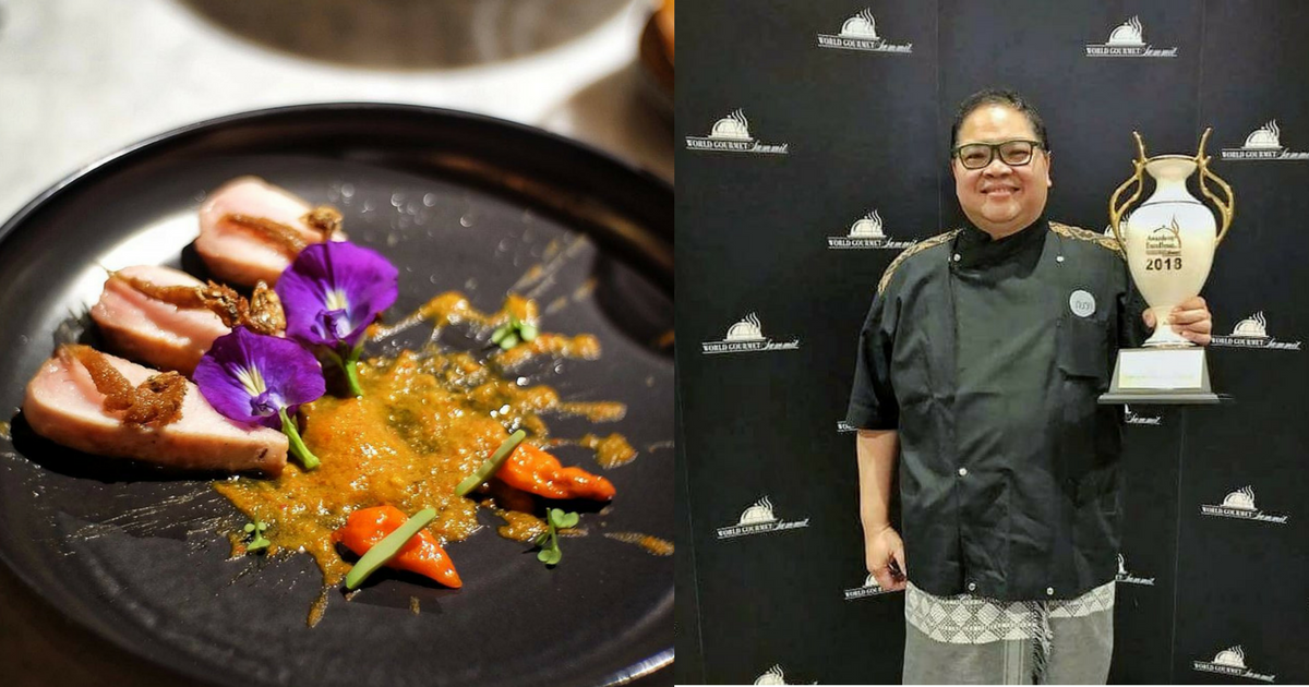 Left: Chef Rangil’s dish “Mahimahi Sambal Tempoyak”. Right: Chef Rangil with his trophy at the 2018 World Gourmet Summit Awards of Excellence.