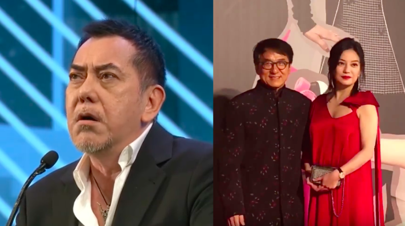 Actor Anthony Wong on stage at the 37th Hong Kong Film Awards, and Jackie Chan with actress Zhao Wei on the red carpet.