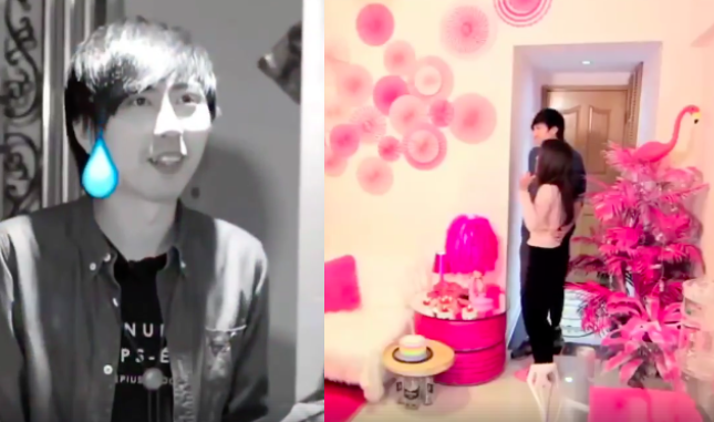 Husband appearing on TVB interior design show Nano Abode returns to his new shockingly pink apartment. Screengrab via Facebook video.