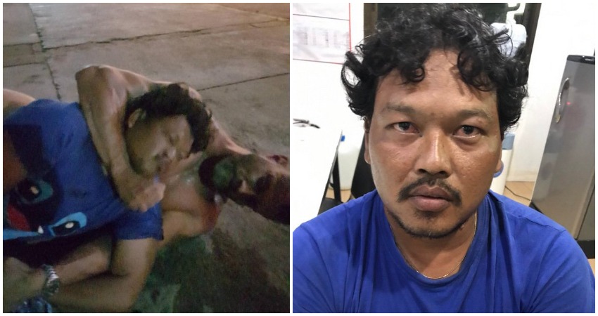 A photo of the apprehending (left) and the suspect in police custody (right). Photos: The Phuket News.