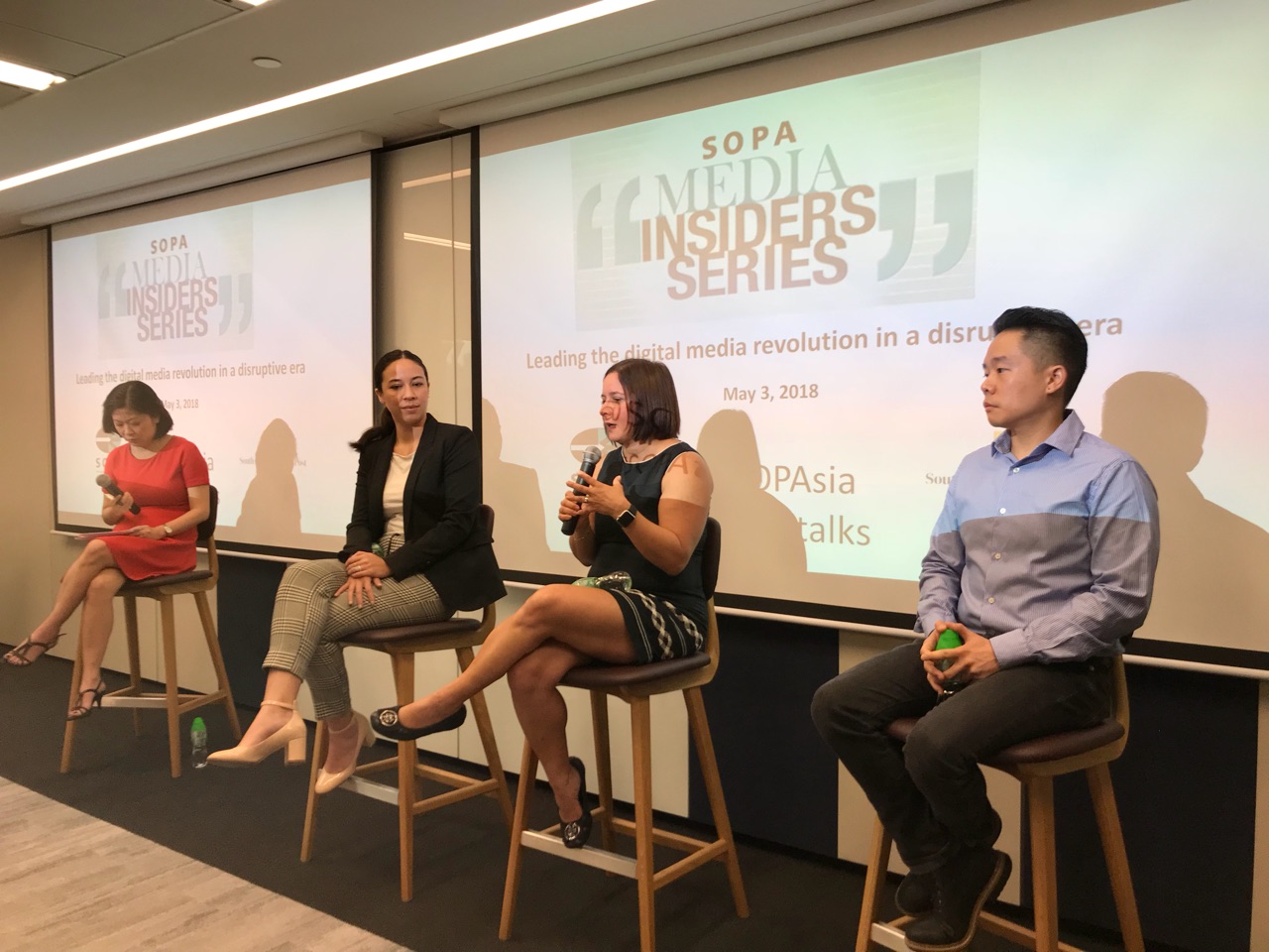 (From left to right) Inkstone’s senior editor Juliana Liu moderating a panel on digital media with Coconuts’ Tara Chanapai, Bloomberg’s Anjali Kapoor, and SCMP’s Malcolm Ong. Photo by Chad Williams.