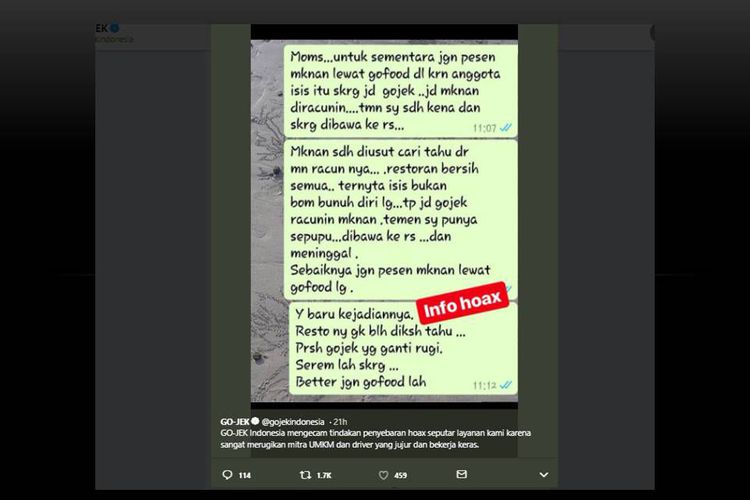 A viral hoax message saying ISIS members are posing as Go-Jek drivers and putting poison in customers’ food delivery orders. Photo: Twitter/@gojekindonesia